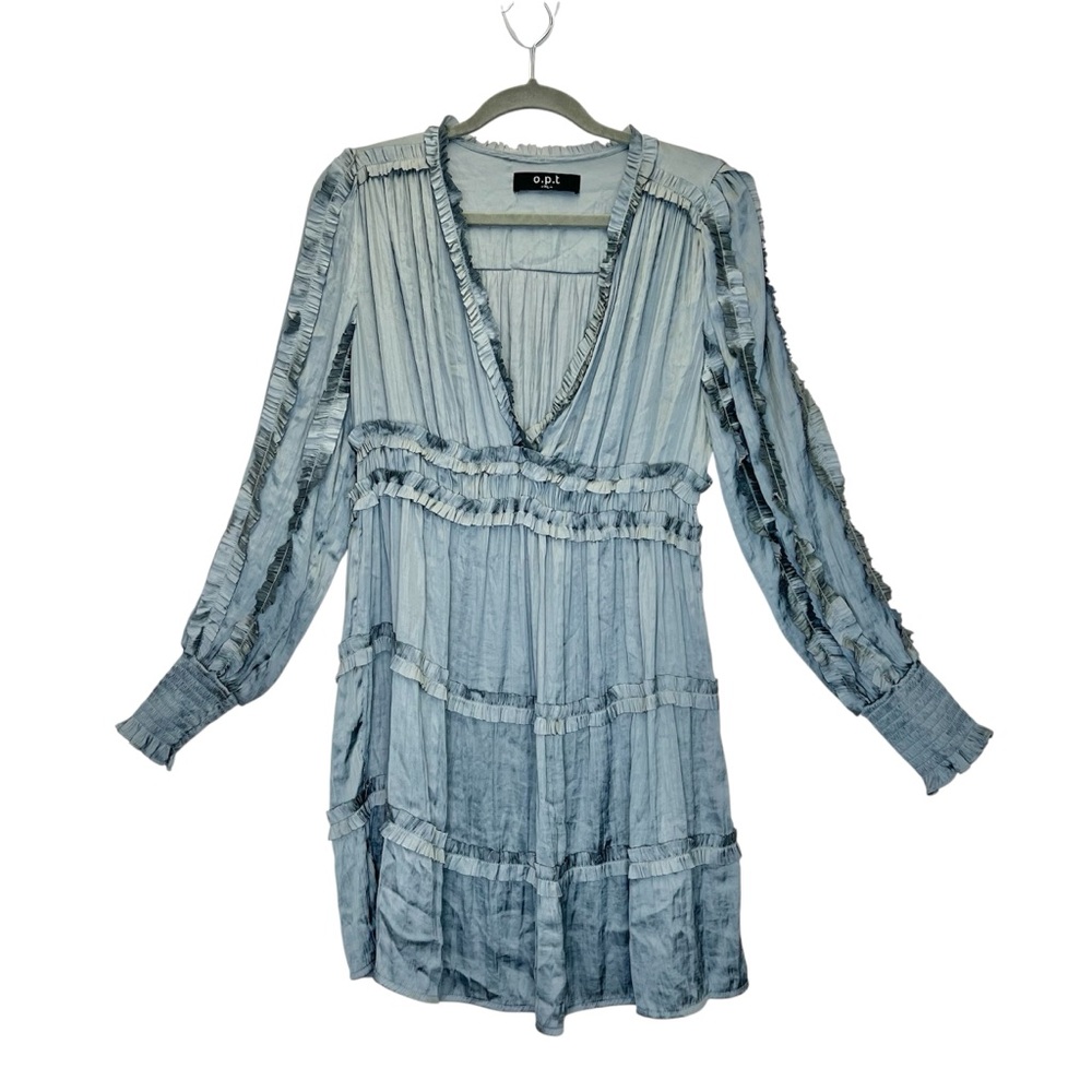 O.P.T. Ruffle Tiered Mini Dress Size XL Long Sleeve Boho Silk Like Soft Blue